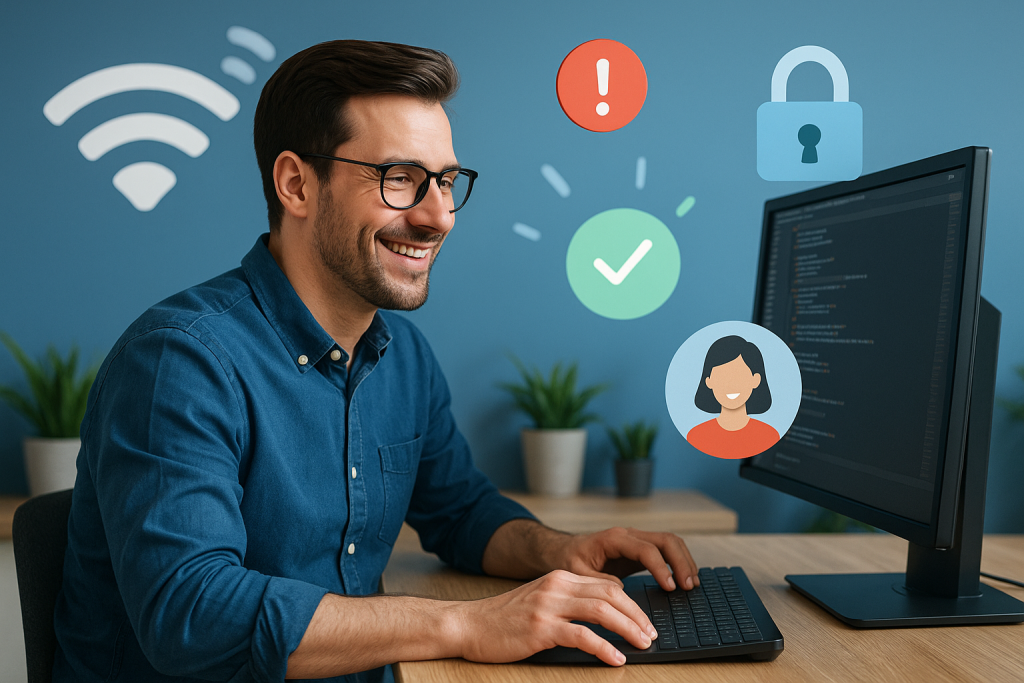 Illustration of developer working at computer screen in a mobile signal icons setting, with a happy mood.