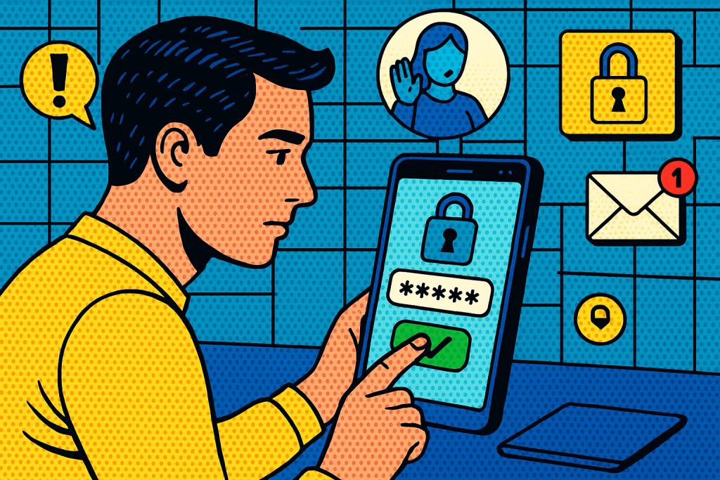 Illustration of user verifying login on app in a digital interface grid setting, with a focused mood.