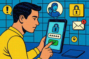 Illustration of user verifying login on app in a digital interface grid setting, with a focused mood.
