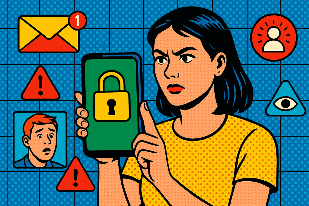 Illustration of secure lock symbol on mobile in a digital interface grid setting, with a determined mood.