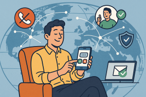 Illustration of user verifying login on app in a global map with connection nodes setting, with a relaxed mood.