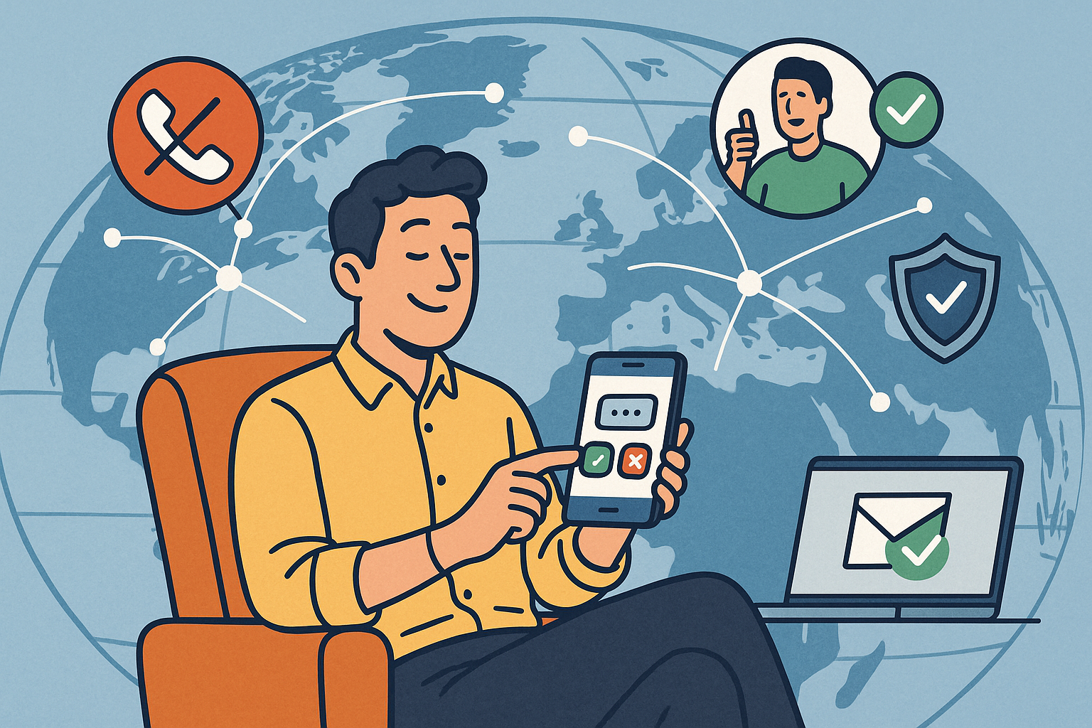 Illustration of user verifying login on app in a global map with connection nodes setting, with a relaxed mood.