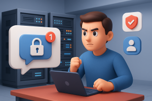 Illustration of sms notification popping up in a data center interior setting, with a determined mood.
