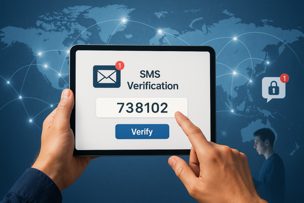 Illustration of otp message displayed on tablet in a global map with connection nodes setting, with a focused mood.