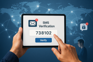 Illustration of otp message displayed on tablet in a global map with connection nodes setting, with a focused mood.