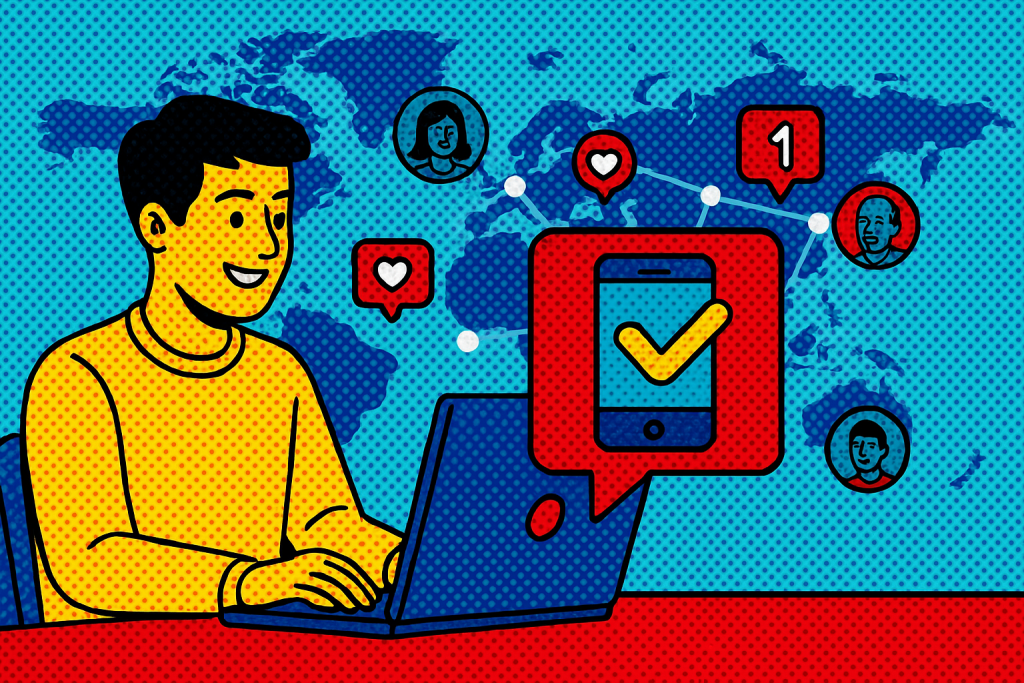 Illustration of developer working at computer screen in a global map with connection nodes setting, with a happy mood.