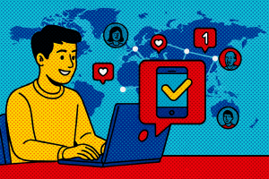 Illustration of developer working at computer screen in a global map with connection nodes setting, with a happy mood.