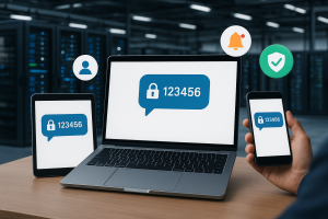 Illustration of multi-device setup receiving otp in a data center interior setting, with a inspired mood.