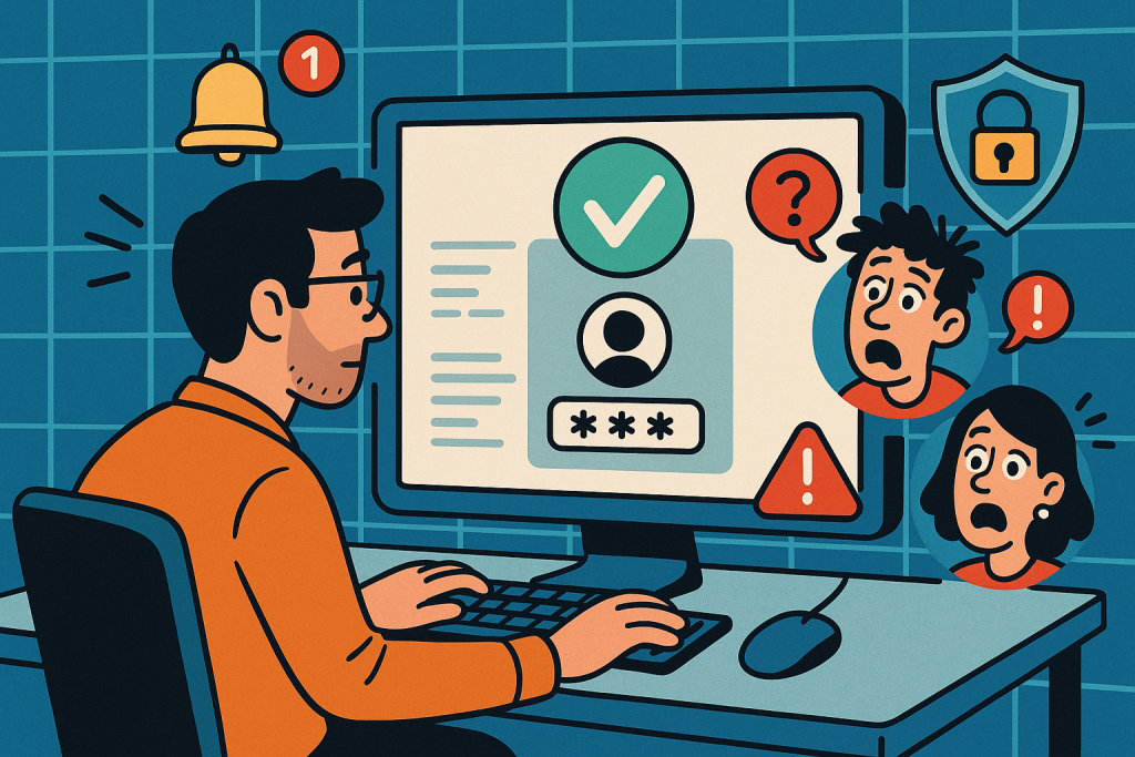 Illustration of developer working at computer screen in a digital interface grid setting, with a creative mood.