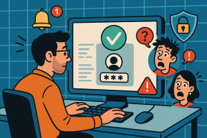 Illustration of developer working at computer screen in a digital interface grid setting, with a creative mood.