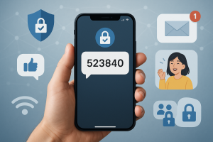 Illustration of hand holding smartphone with otp code in a secure sms transmission visual setting, with a happy mood.