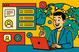 Illustration of dashboard rendering sms logs in a global map with connection nodes setting, with a happy mood.