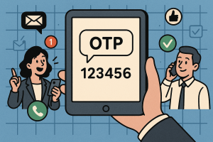 Illustration of otp message displayed on tablet in a digital interface grid setting, with a inspired mood.