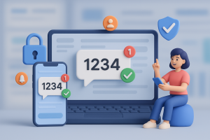 Illustration of multi-device setup receiving otp in a dashboard screen blur setting, with a creative mood.