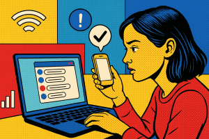 Illustration of dashboard rendering sms logs in a mobile signal icons setting, with a focused mood.