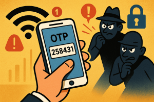Illustration of hand holding smartphone with otp code in a mobile signal icons setting, with a determined mood.