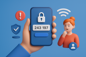 Illustration of hand holding smartphone with otp code in a mobile signal icons setting, with a determined mood.