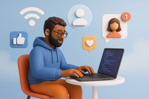 Illustration of developer working at computer screen in a mobile signal icons setting, with a creative mood.