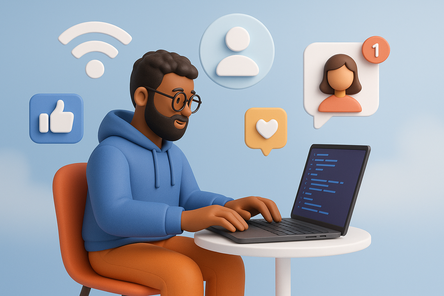 Illustration of developer working at computer screen in a mobile signal icons setting, with a creative mood.