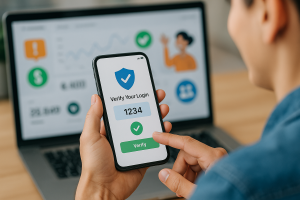 Illustration of user verifying login on app in a dashboard screen blur setting, with a happy mood.