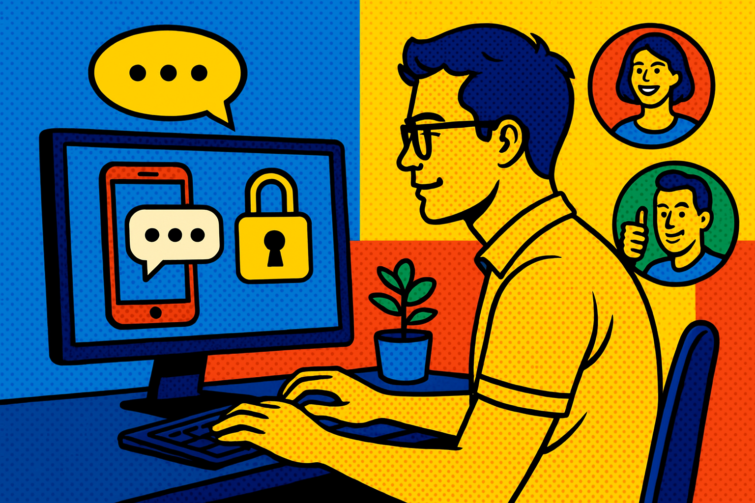 Illustration of developer working at computer screen in a secure sms transmission visual setting, with a relaxed mood.