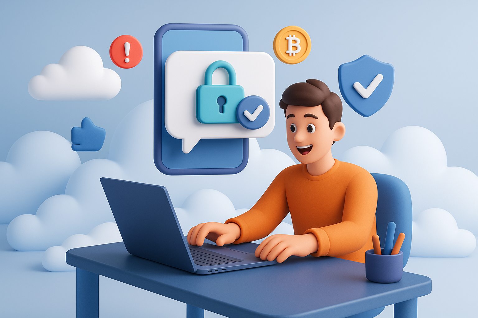 Illustration of sms notification popping up in a cloud technology overlay setting, with a creative mood.