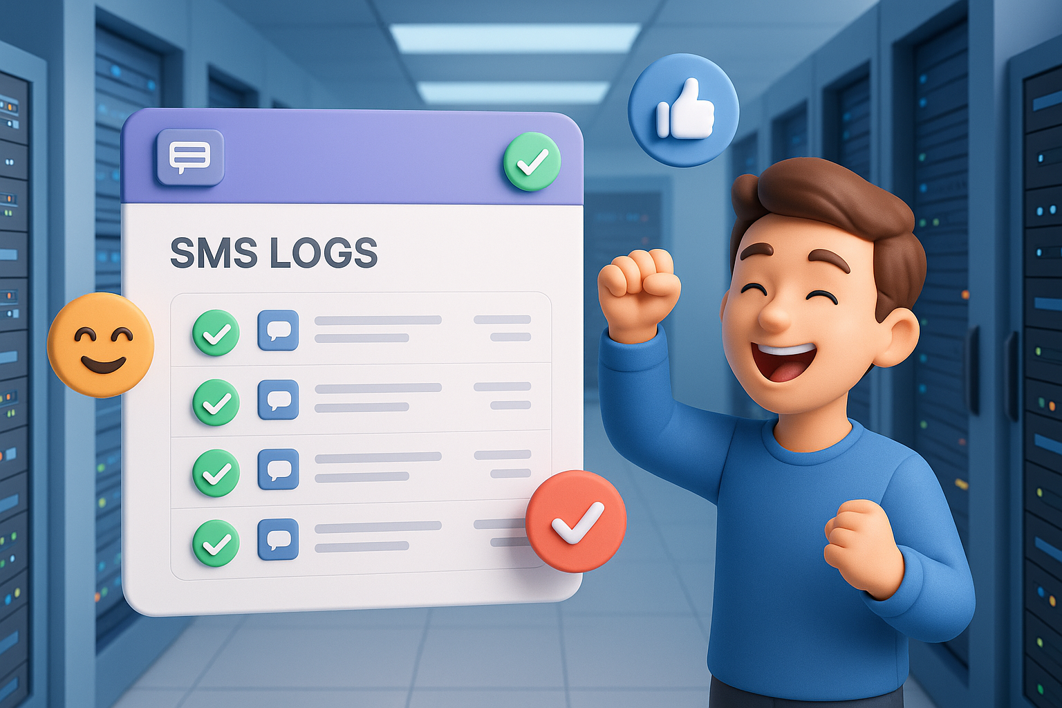 Illustration of dashboard rendering sms logs in a data center interior setting, with a happy mood.
