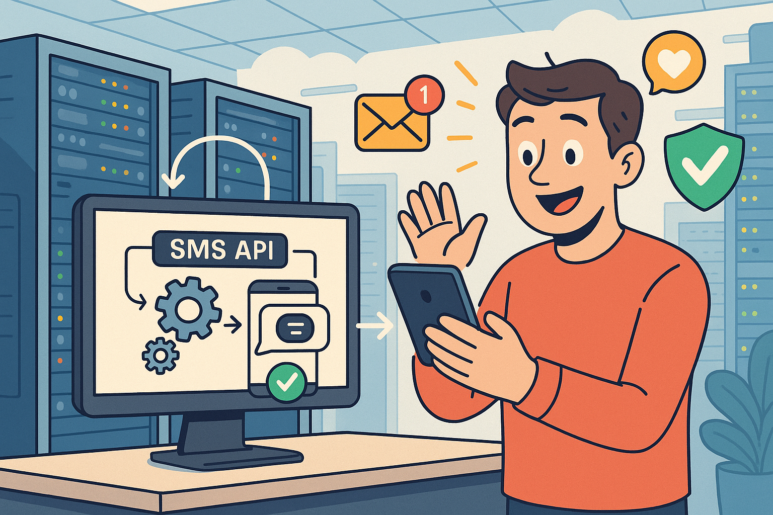Illustration of sms api integration diagram in a data center interior setting, with a happy mood.