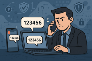 Illustration of multi-device setup receiving otp in a abstract cybersecurity pattern setting, with a determined mood.
