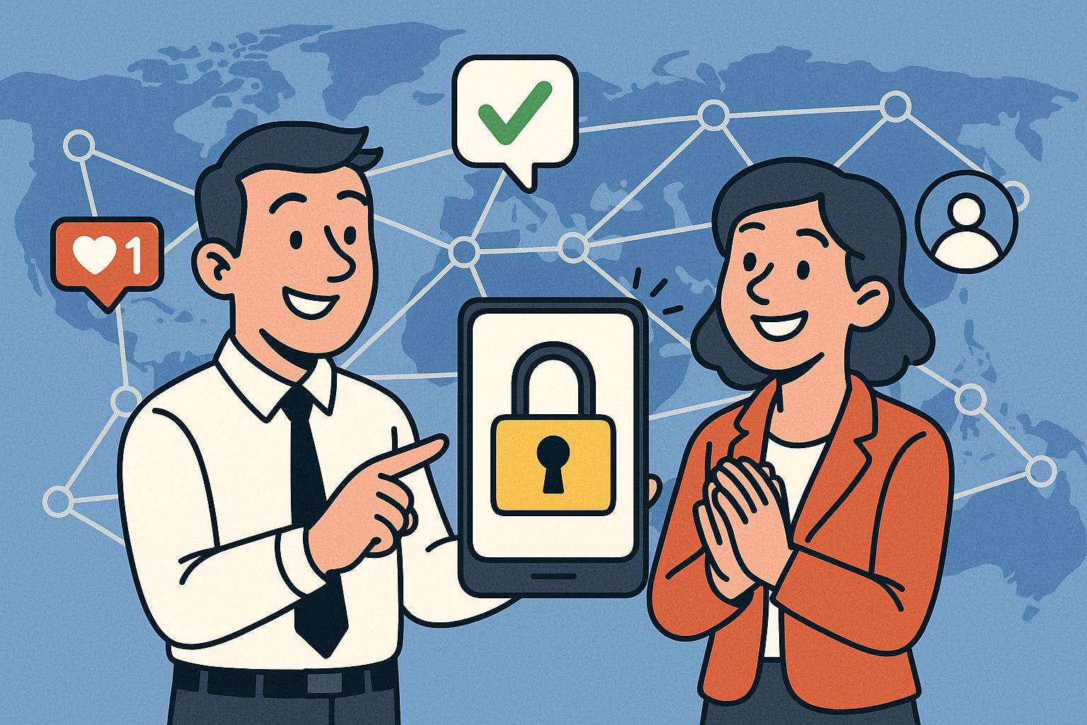Illustration of secure lock symbol on mobile in a global map with connection nodes setting, with a happy mood.
