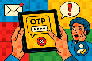 Illustration of otp message displayed on tablet in a digital interface grid setting, with a creative mood.