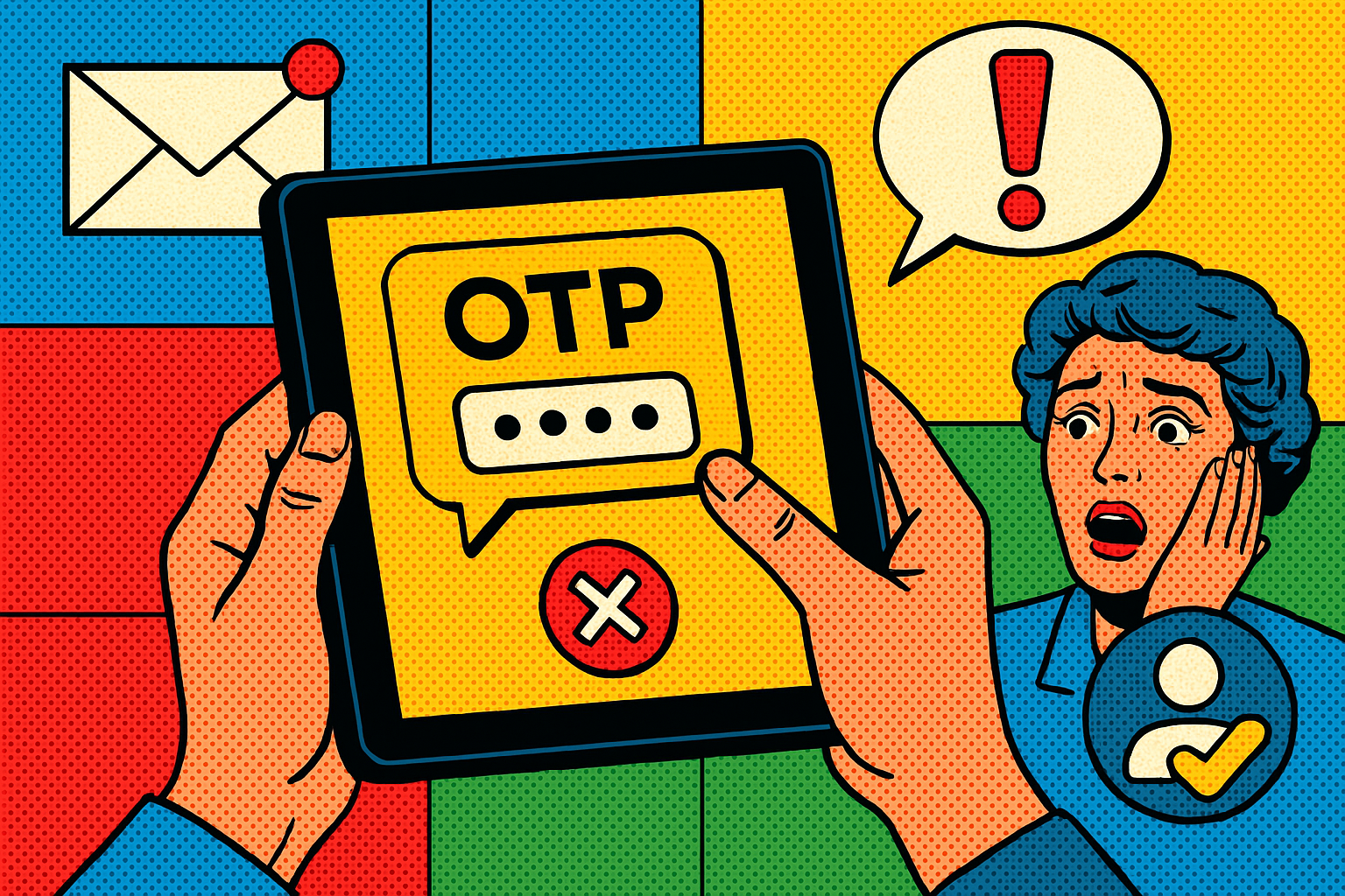 Illustration of otp message displayed on tablet in a digital interface grid setting, with a creative mood.