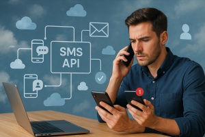 Illustration of sms api integration diagram in a cloud technology overlay setting, with a focused mood.