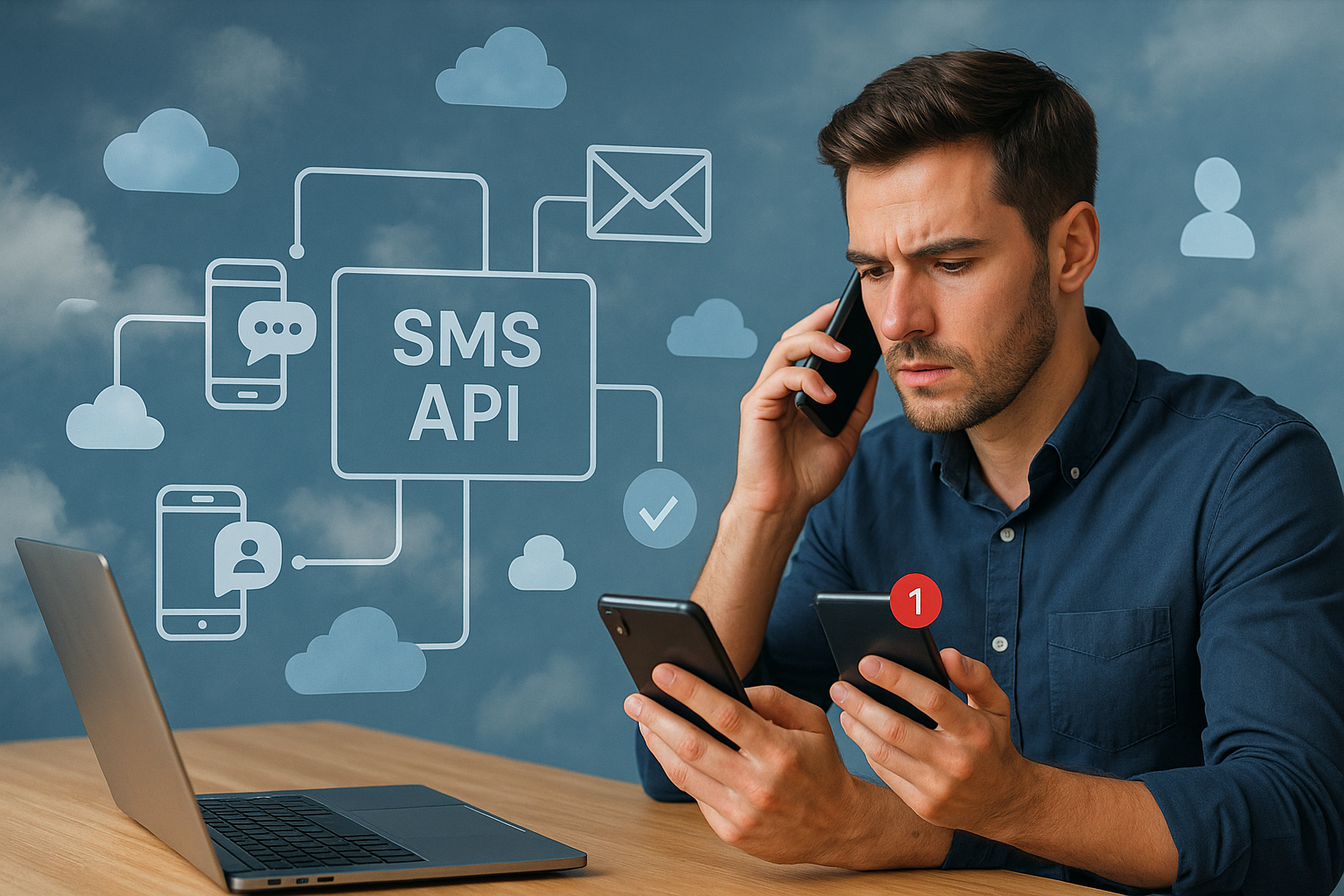 Illustration of sms api integration diagram in a cloud technology overlay setting, with a focused mood.