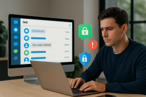 Illustration of dashboard rendering sms logs in a secure sms transmission visual setting, with a focused mood.