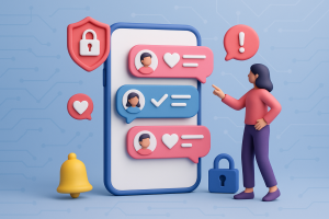 Illustration of dashboard rendering sms logs in a abstract cybersecurity pattern setting, with a creative mood.