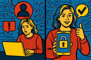 Illustration of secure lock symbol on mobile in a abstract cybersecurity pattern setting, with a determined mood.
