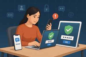 Illustration of multi-device setup receiving otp in a digital interface grid setting, with a relaxed mood.