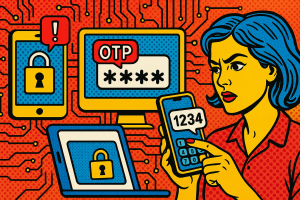 Illustration of multi-device setup receiving otp in a locked circuit board design setting, with a determined mood.
