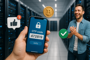Illustration of hand holding smartphone with otp code in a data center interior setting, with a happy mood.