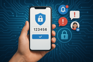 Illustration of hand holding smartphone with otp code in a locked circuit board design setting, with a inspired mood.