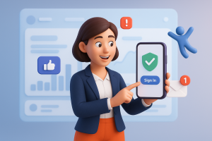 Illustration of user verifying login on app in a dashboard screen blur setting, with a inspired mood.