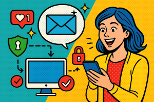 Illustration of sms api integration diagram in a secure sms transmission visual setting, with a happy mood.