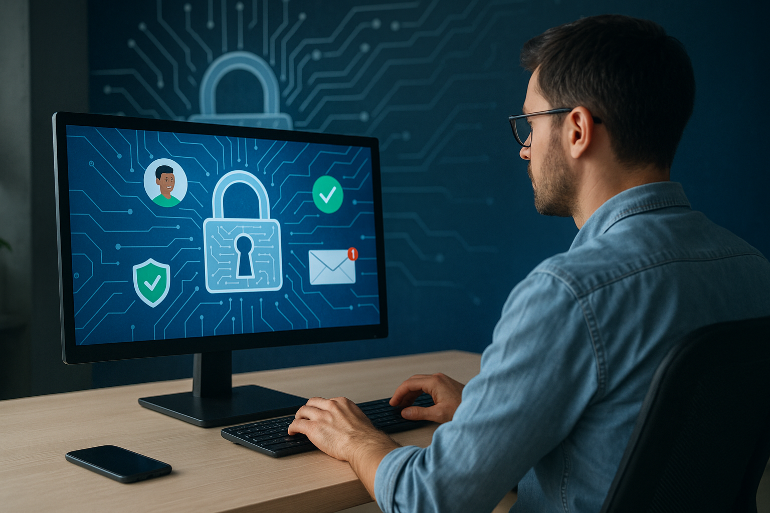 Illustration of developer working at computer screen in a locked circuit board design setting, with a relaxed mood.