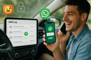 Illustration of dashboard rendering sms logs in a secure sms transmission visual setting, with a happy mood.