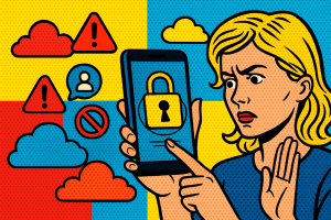 Illustration of secure lock symbol on mobile in a cloud technology overlay setting, with a determined mood.