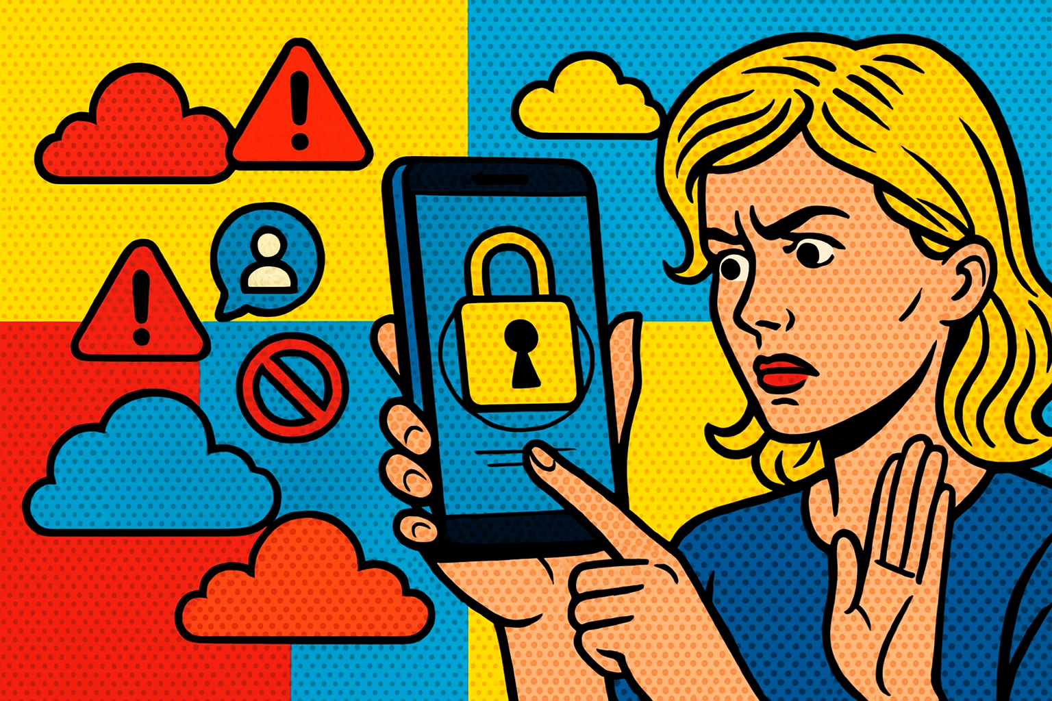 Illustration of secure lock symbol on mobile in a cloud technology overlay setting, with a determined mood.