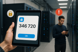 Illustration of otp message displayed on tablet in a data center interior setting, with a focused mood.