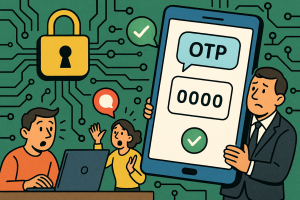 Illustration of otp message displayed on tablet in a locked circuit board design setting, with a creative mood.