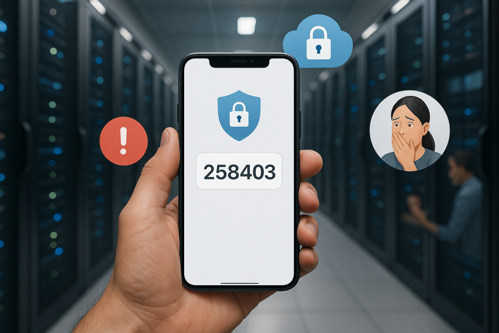 Illustration of hand holding smartphone with otp code in a data center interior setting, with a focused mood.